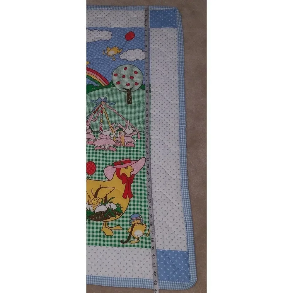 VTG Old McDonald Baby Blanket Quilt Throw Blue White Gingham Sun Rainbow Balloon